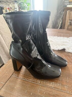 Call It Spring Black Patent Mid-Calf Block Heel Boots
